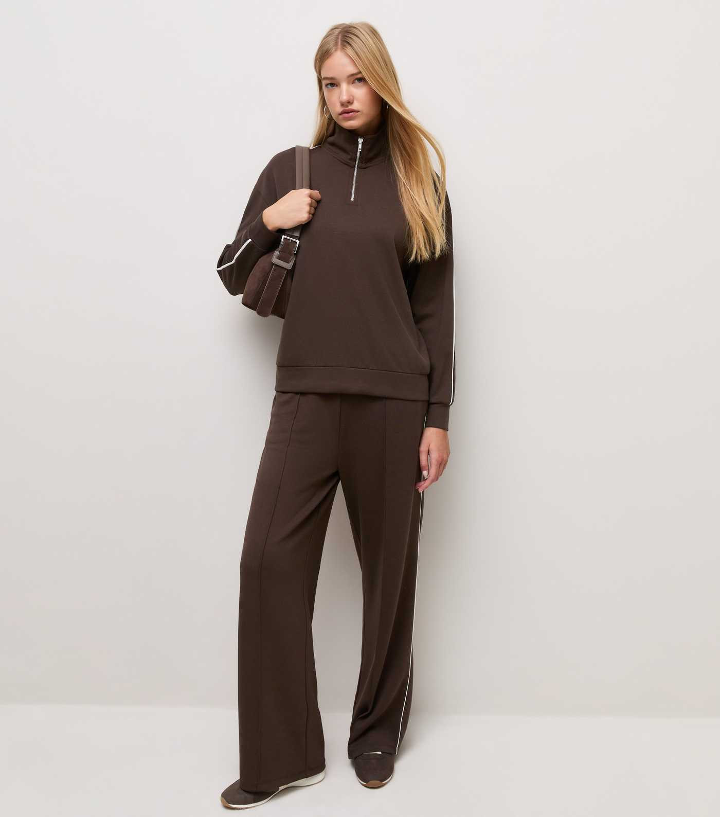 Premium Brown Side Piping Quarter Zip Sweatshirt | New Look | New Look (UK)