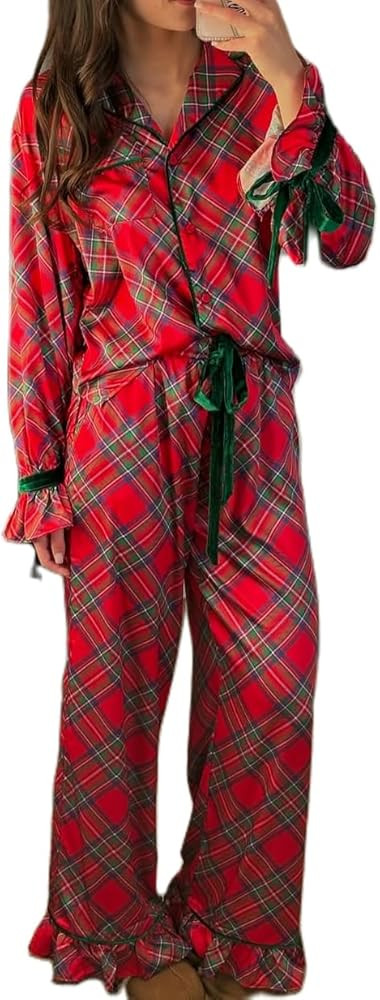 Women Christmas Satin Silk Pajama Set Striped Santa Claus Button Shirt Pjs Pants Matching Set Sle... | Amazon (US)