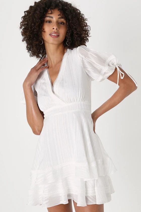 Adorable Essence White Striped Puff Sleeve Mini Dress | Lulus (US)