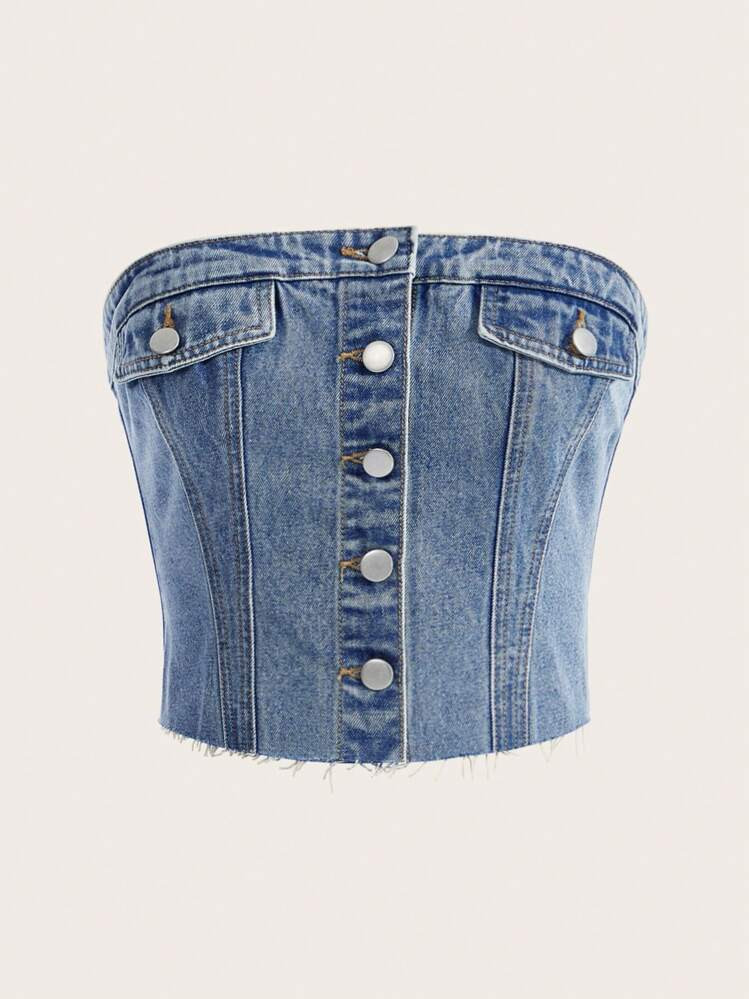 SHEIN mod raw hem button front tube denim top | SHEIN