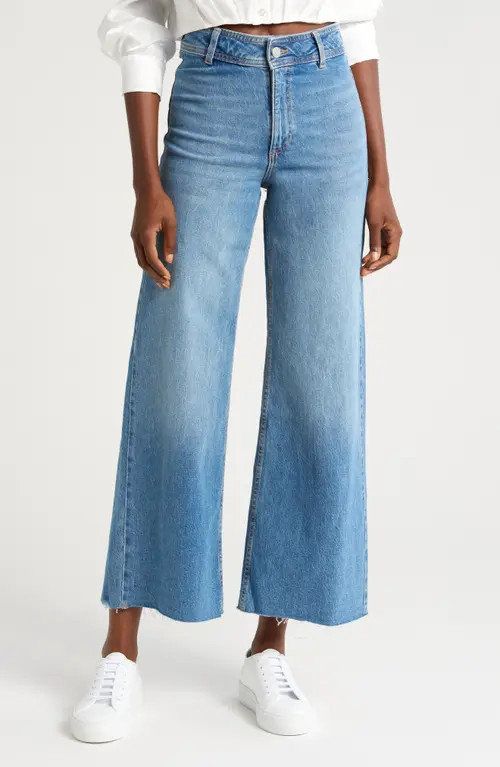 MANGO Catherin Frayed High Waist Wide Leg Culotte Jeans in Medium Blue at Nordstrom, Size 20 | Nordstrom