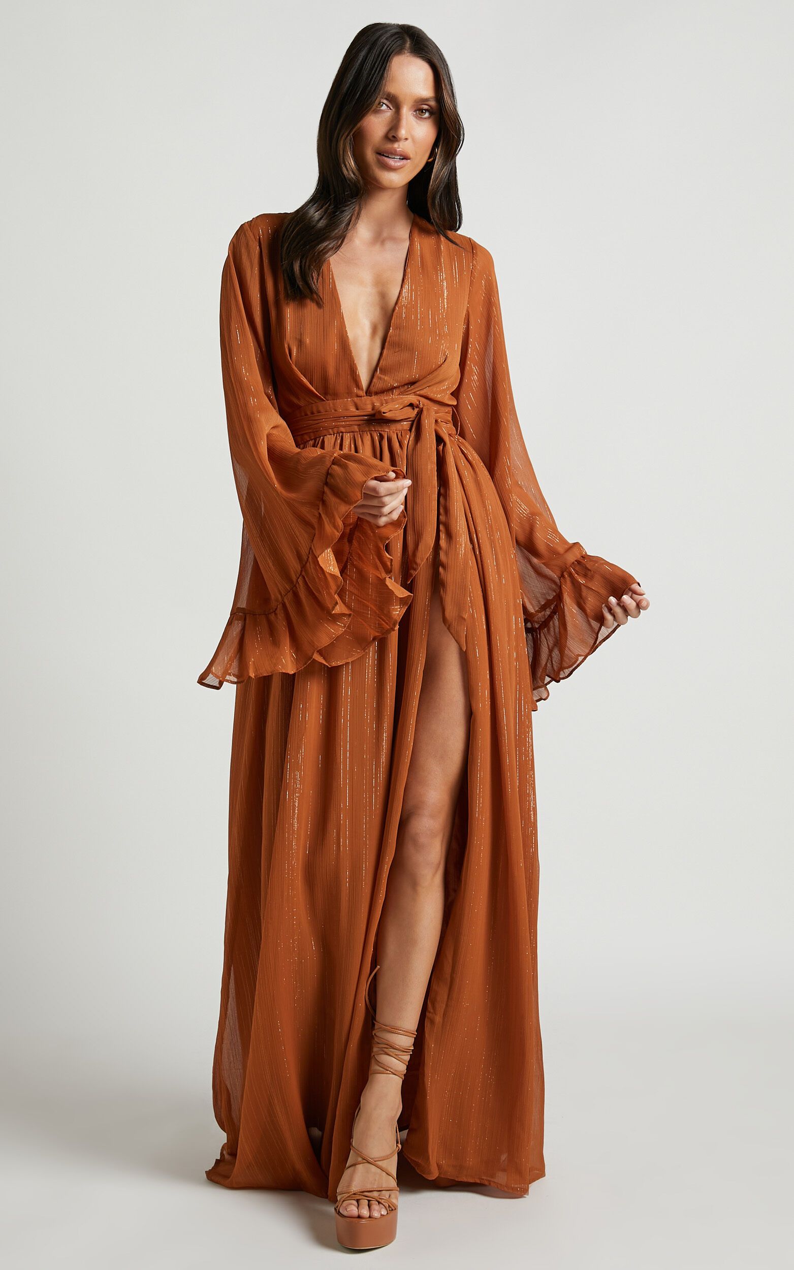 Dangerous Woman Maxi Dress - Plunge Thigh Split Dress in Rust | Showpo (ANZ)