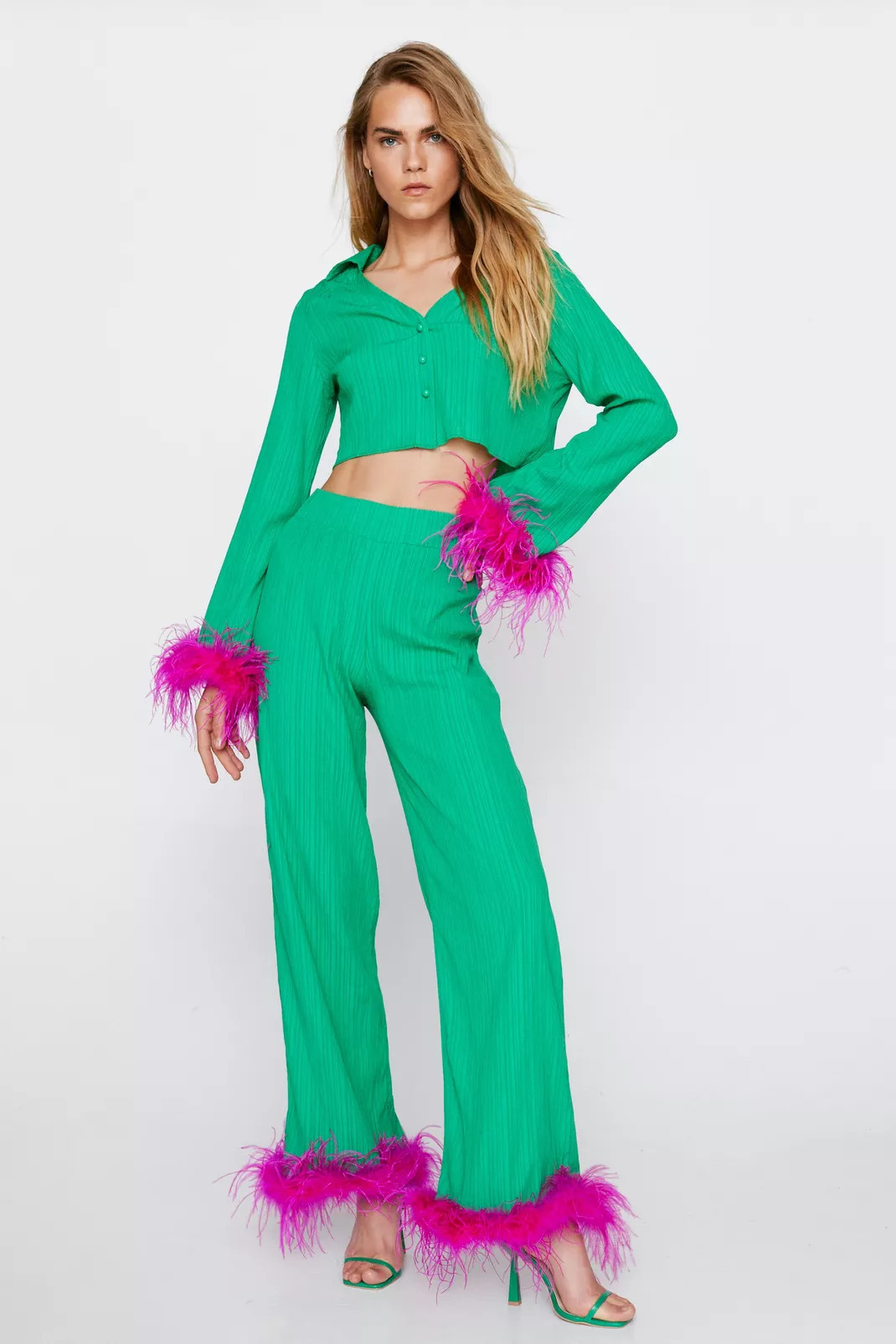 Feather Trim Button Detail Top and Wide Leg Pants Set | Nasty Gal (US)