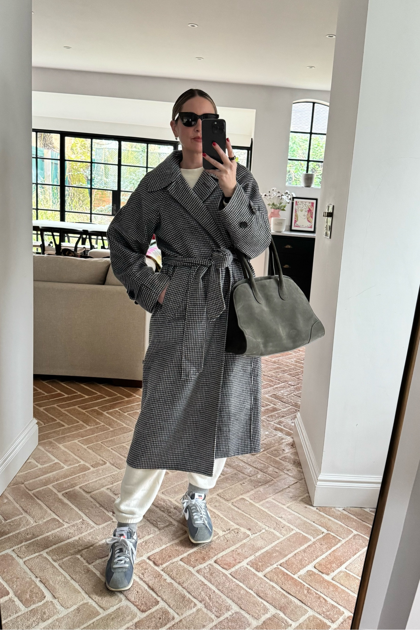 Casual outfit | Tracksuit | check coat | Nikes | Cortez | cos bag | weekend outfit | walk outfit | 