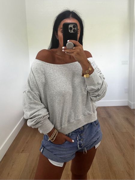 Easy Terry Off-the-Shoulder Sweatshirt wearing size medium. OneTeapsoon Bandits Low-Waist Denim Shorts