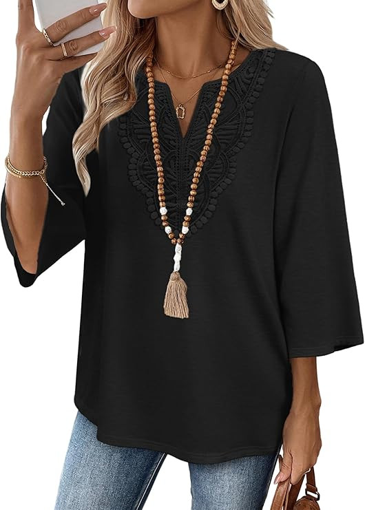 WIHOLL 3/4 Length Sleeve Womens Tops Boho V Neck Lace Shirt Trendy Blouses Dressy Casual Vacation... | Amazon (US)
