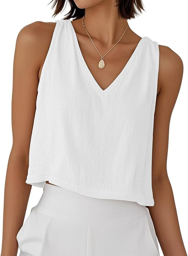 White Tank Top Woman 2026 Summer Sleeveless Crop Tops V Neck Cute Beach Vacation Clothes Cotton L... | Amazon (US)