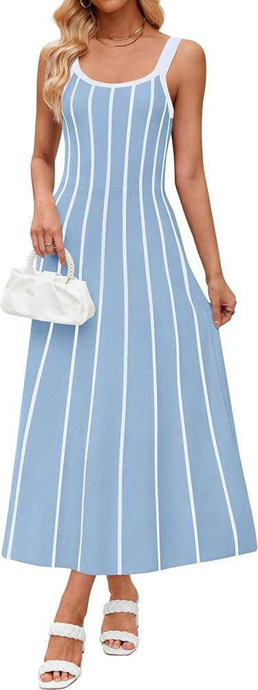 ZESICA Womens 2025 Summer Sleeveless Striped Midi Dresses Casual A Line Swing Knit Long Dress Bea... | Amazon (US)
