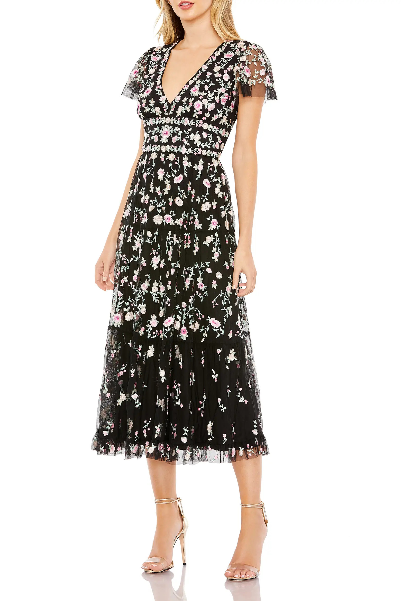Mac Duggal Embroidered V Neck Cap Sleeve Midi Dress (Women) | Nordstrom | Nordstrom