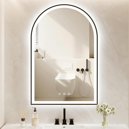 OUMUSU Arched LED Bathroom Mirror 20"x30", Black Bathroom Mirror with Lights-Anti-Fog, Dimmable-LED Mirror for Bathroom,3 Colors | Amazon (US)