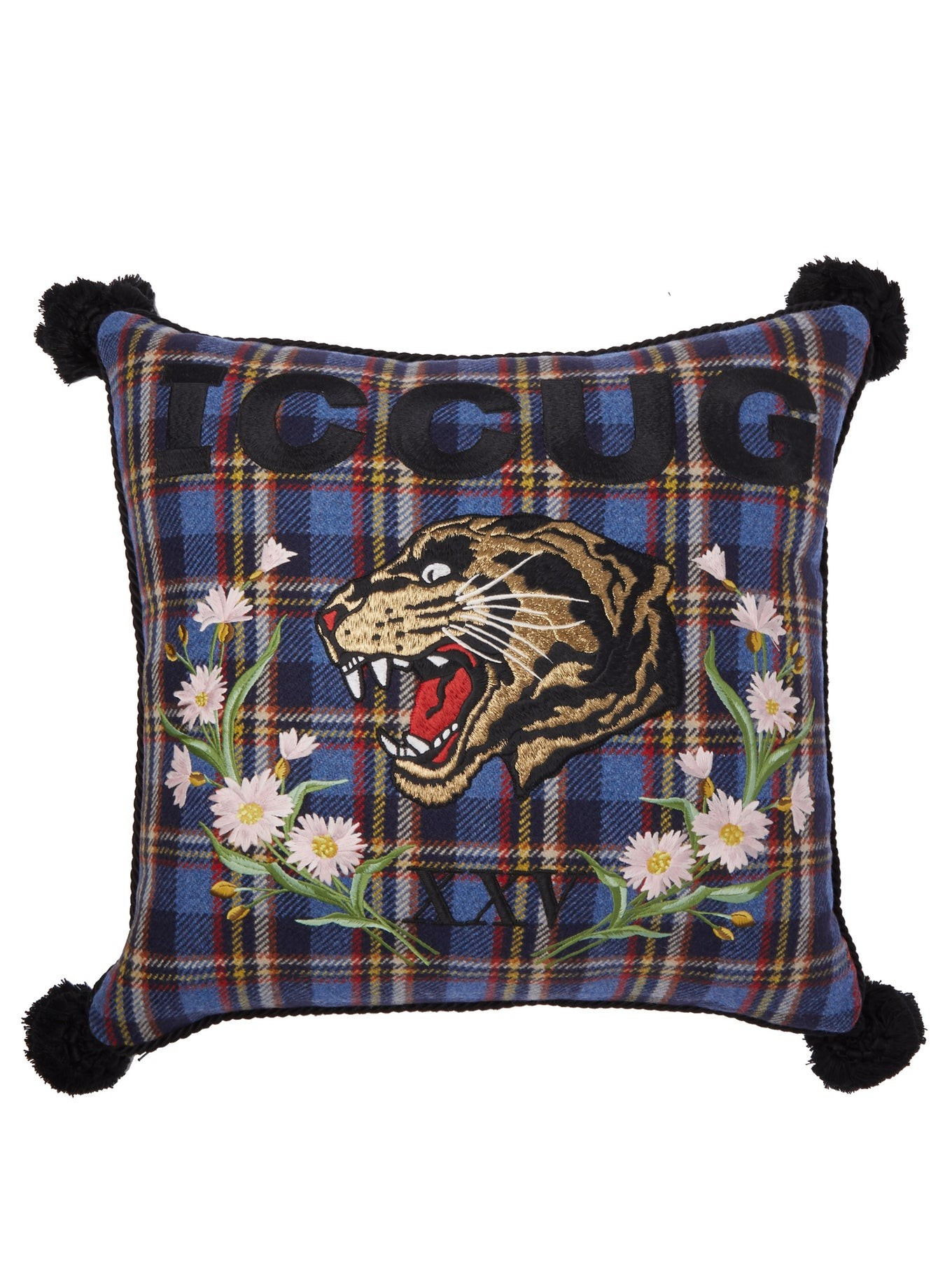 Tiger-embroidered wool-blend tartan cushion | Gucci | Matches (US)
