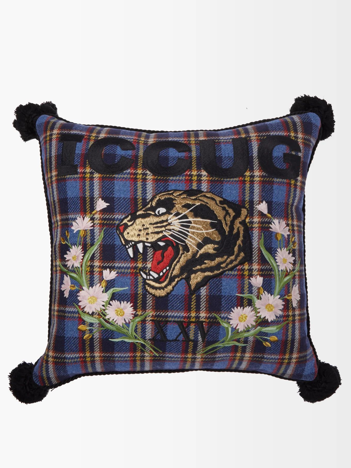 Tiger-embroidered wool-blend tartan cushion | Gucci | Matches (US)