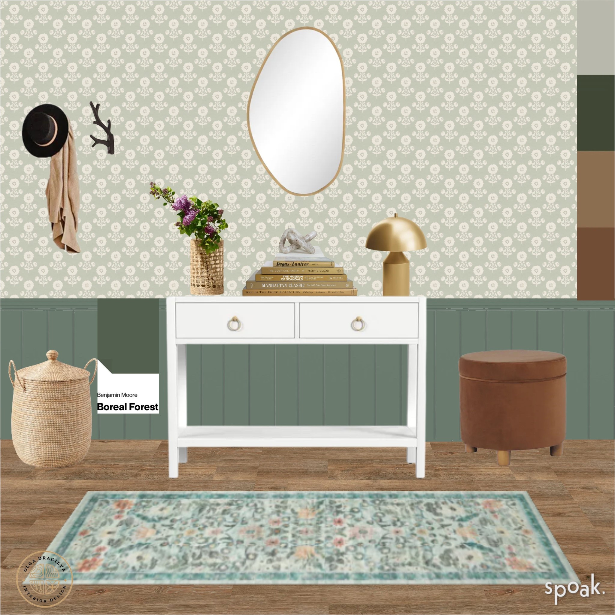 Spring entryway design/mood board. White console table, fun green floral runner, gold mirror, gold light, velvet storage ottoman, beautiful floral wallpaper, storage basket and fun coat hooks. #homedecor 

#LTKStyleTip #LTKHome #LTKSeasonal
