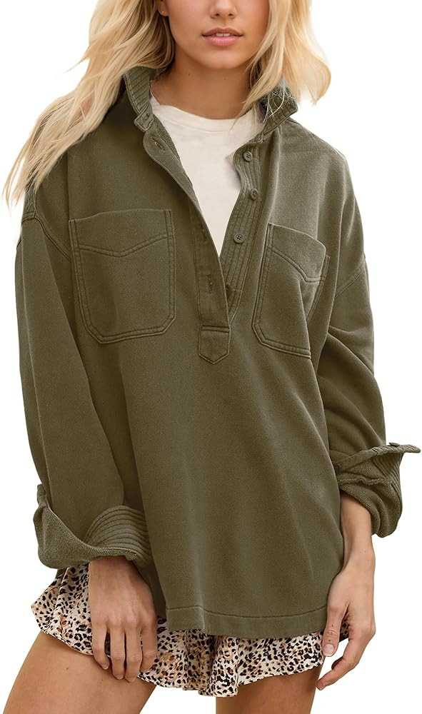 Gacaky Sweatshirt for Women Oversized Casual Long Sleeve Polo V Neck Split Pullover Tops Fashion ... | Amazon (US)