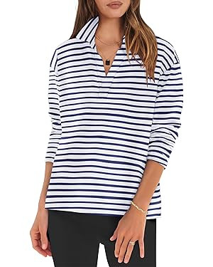 ANRABESS Women Long Sleeve Polo Shirts Casual V Neck Collared Boxy Fit Dressy Work Blouse Top Spr... | Amazon (US)