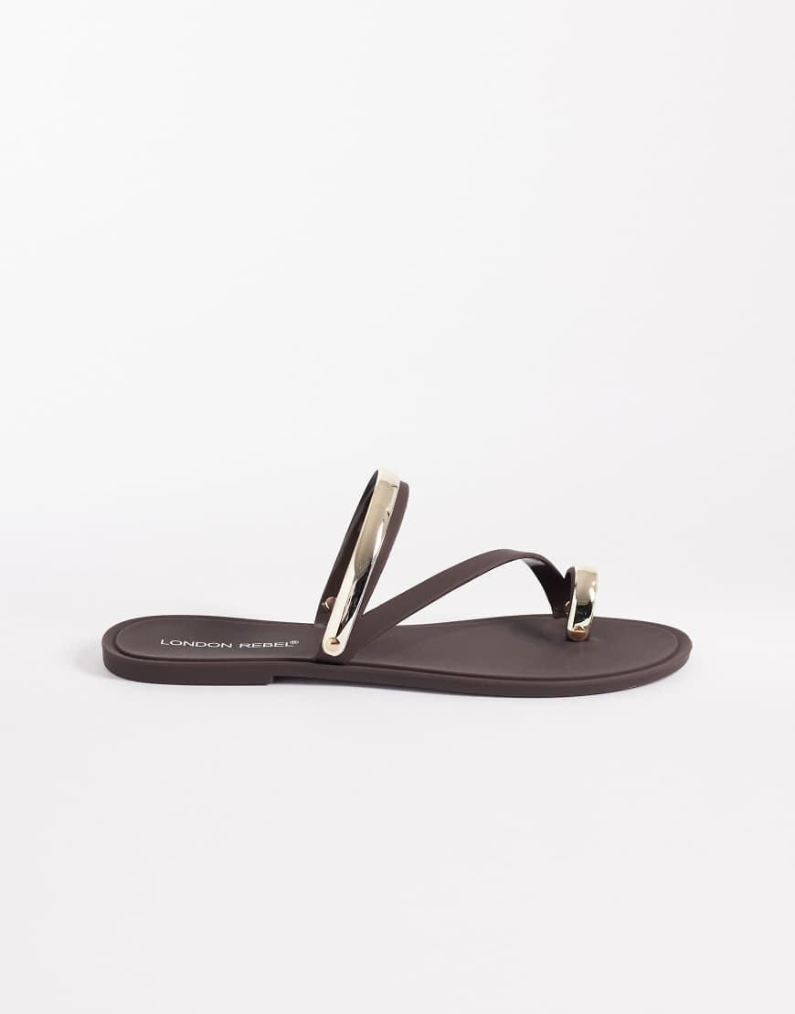 London Rebel Reese flat sandals with gold-tone embellished straps in brown matte jelly | ASOS (Global)