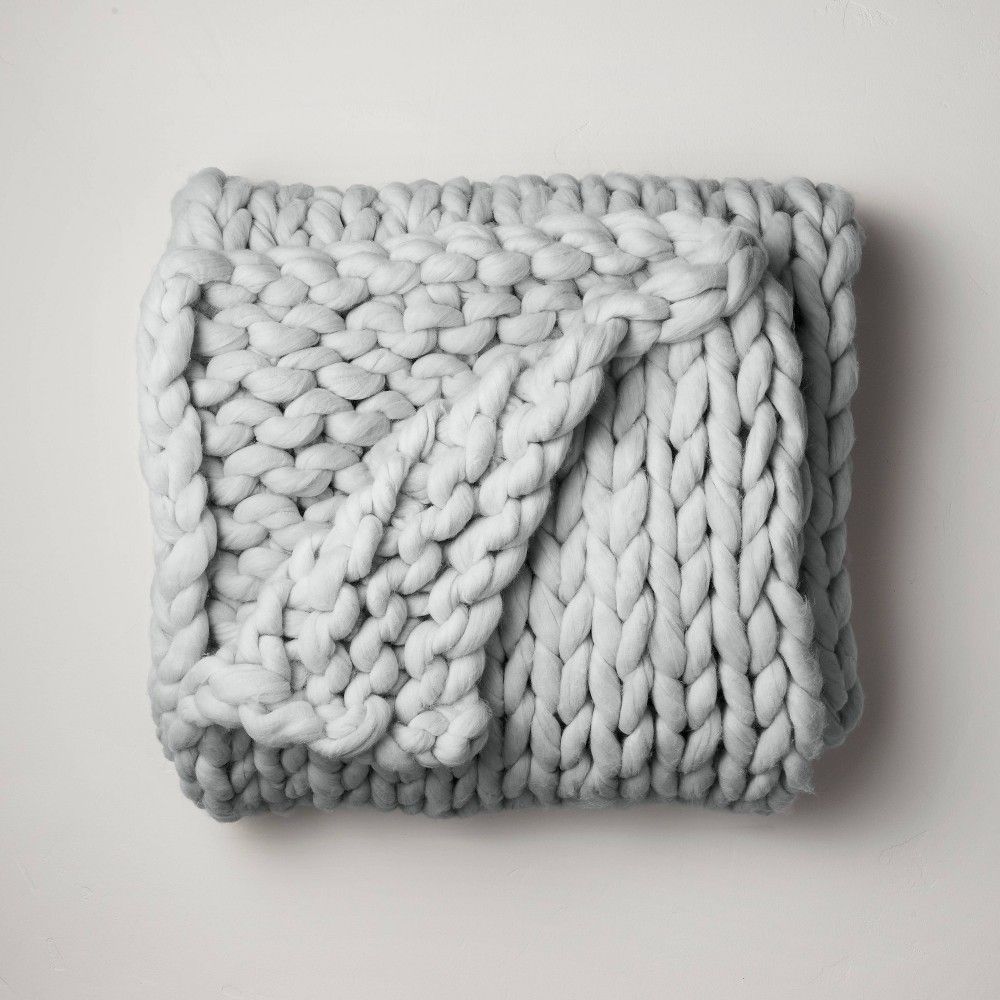 50"" x 70"" Oversized Chunky Hand Knit Decorative Bed Throw Light Gray - Casaluna | Target