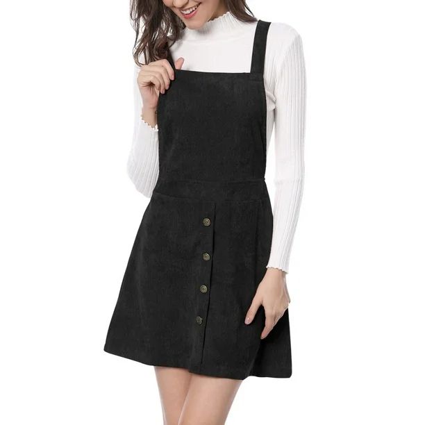 Unique Bargains Women's A-Line Corduroy Button Decor Suspender Overall Skirt Dress | Walmart (US)