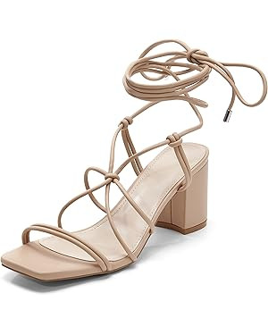 Coutgo Women's Chunky Heel Sandals Lace Up Heels Square Toe Strappy Straps Party Shoes | Amazon (US)