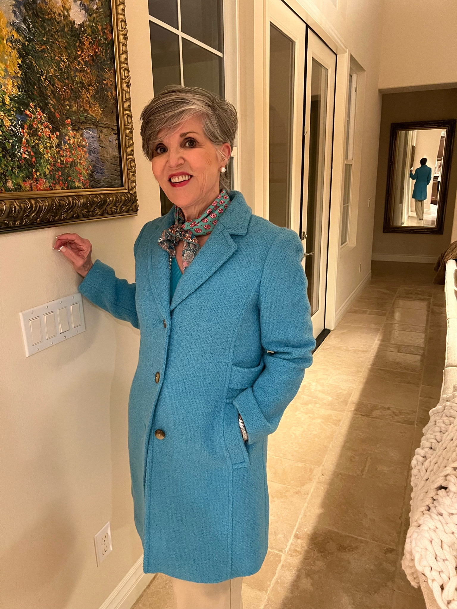 Colorful look for winter 🥶/Talbots boucle coat (S)/Ann Taylor wide leg trousers (6)/Silk bandana 