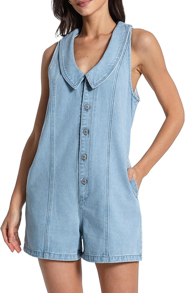 Kedera Women's Sleeveless Summer Denim Romper Sailor Collar Neck Button Up Jean Jumpsuits Casual ... | Amazon (US)