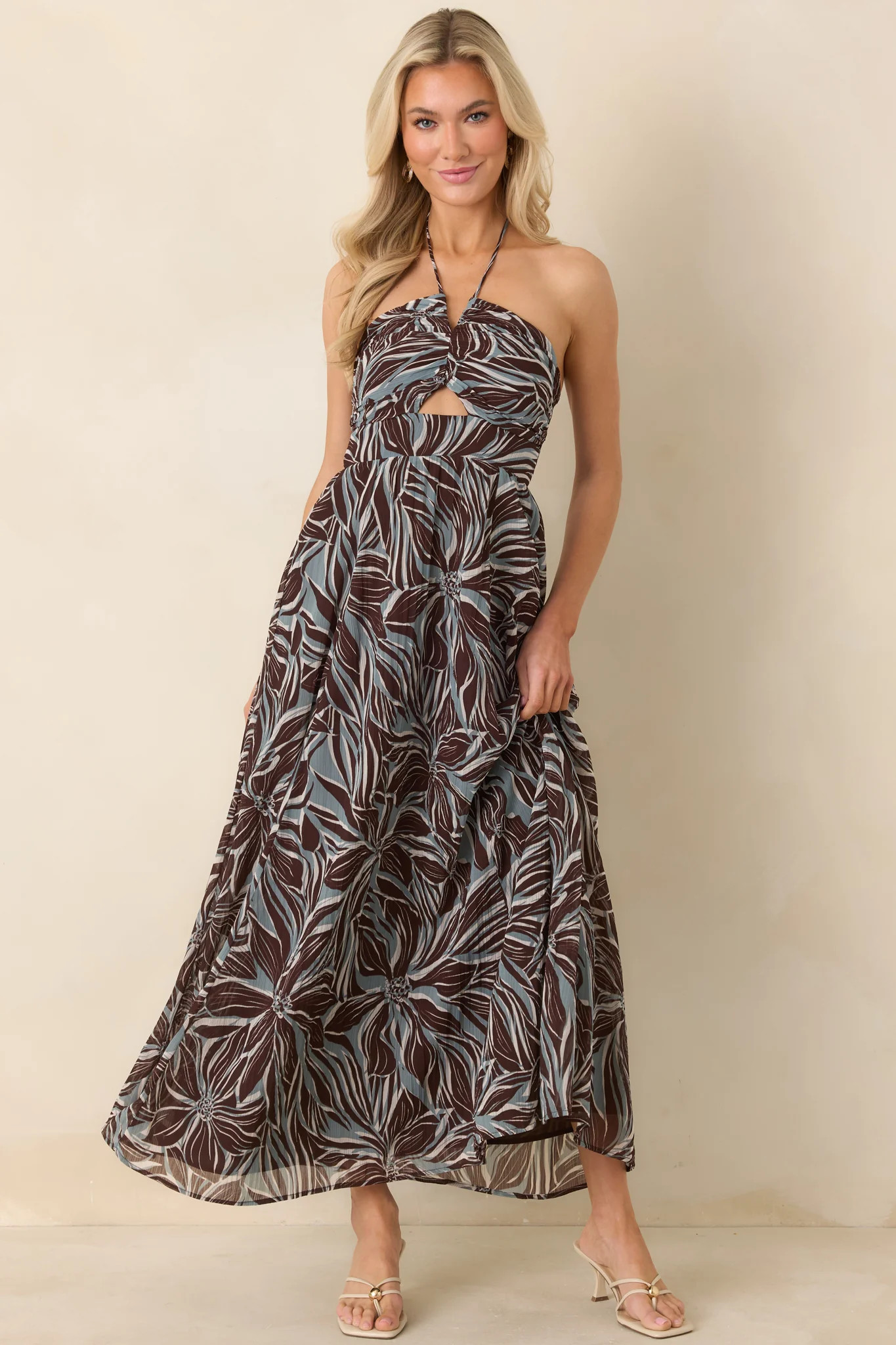 Z Supply Chocolate Brown Multi Lanie Zinn Floral Halter Maxi Dress | Red Dress