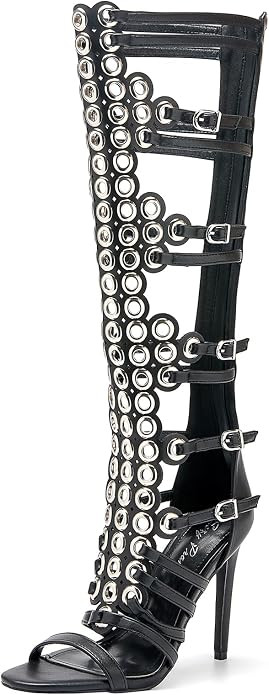Women's 4.3IN Hollow Open Toe Knee High Boots Metal Buckle Stiletto Heels Nightclub Party Wedding... | Amazon (US)