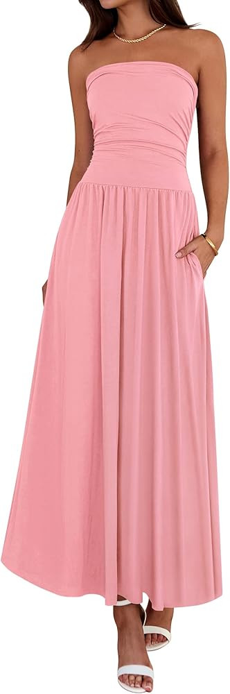 BTFBM Summer Maxi Dresses for Women 2025 Strapless Ruched Tube Top Flowy Beach Vacation Wedding G... | Amazon (US)