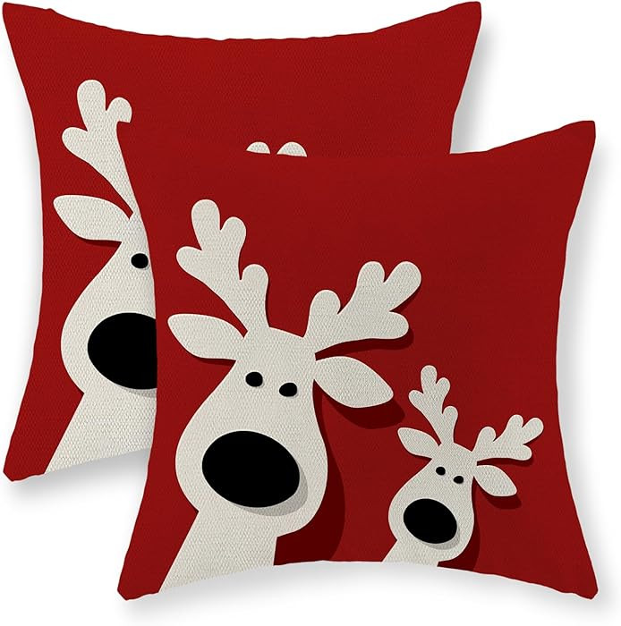 Christmas Pillow Covers 18x18 Set of 2 Christmas Decorations Linen Red Pillowcase Winter Elk Deer... | Amazon (US)