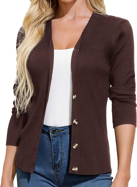 GRACE KARIN Women's Button Down Vee Neck Long Sleeve Rib Knit Cardigan Sweaters (S-2XL) | Amazon (US)