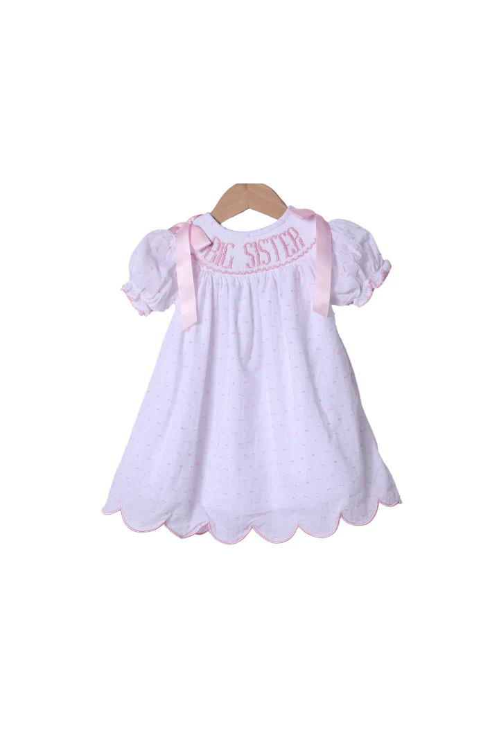 Smocked PINK Bow Sleeve Swiss Dot Big Sister Dress | The Smocked Flamingo