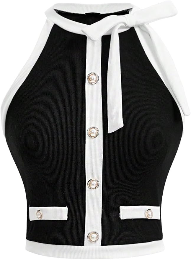 GORGLITTER Women's Bow Sweater Vest Crop Tops Elegant Pearls Sleeveless Knit Tank Top Black and W... | Amazon (US)