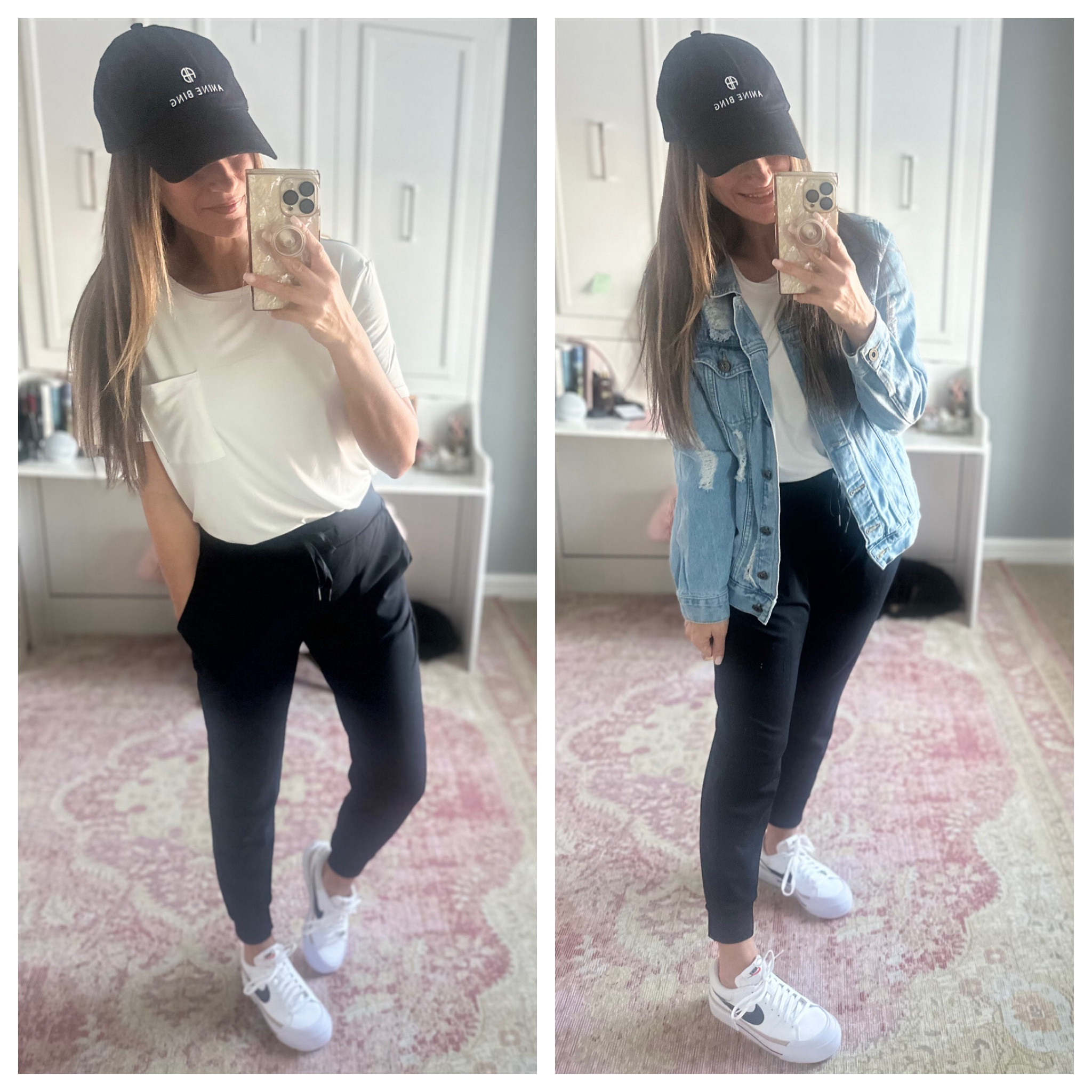 Comfortable look styling black joggers and a jean jacket 

#LTKsalealert #LTKstyletip #LTKover40