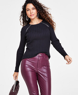 Women's Zipper Detail Ribbed Long Sleeve Sweater, Created for Macy's | Macy's