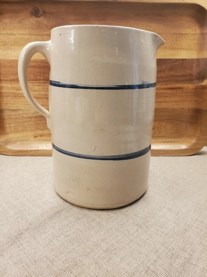Crock Pitcher Tan & Blue Stripes 9.5" Pottery Stoneware Vintage Farmhouse | eBay US
