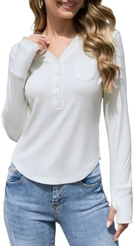 Moreone Womens Long Sleeve Henley Shirts for Women Button Ribbed Knit Shirt V Neck Tops Fit Slim ... | Amazon (US)