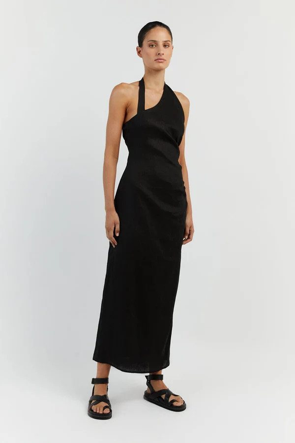 ZOEY BLACK ASYM LINEN MIDI DRESS | DISSH