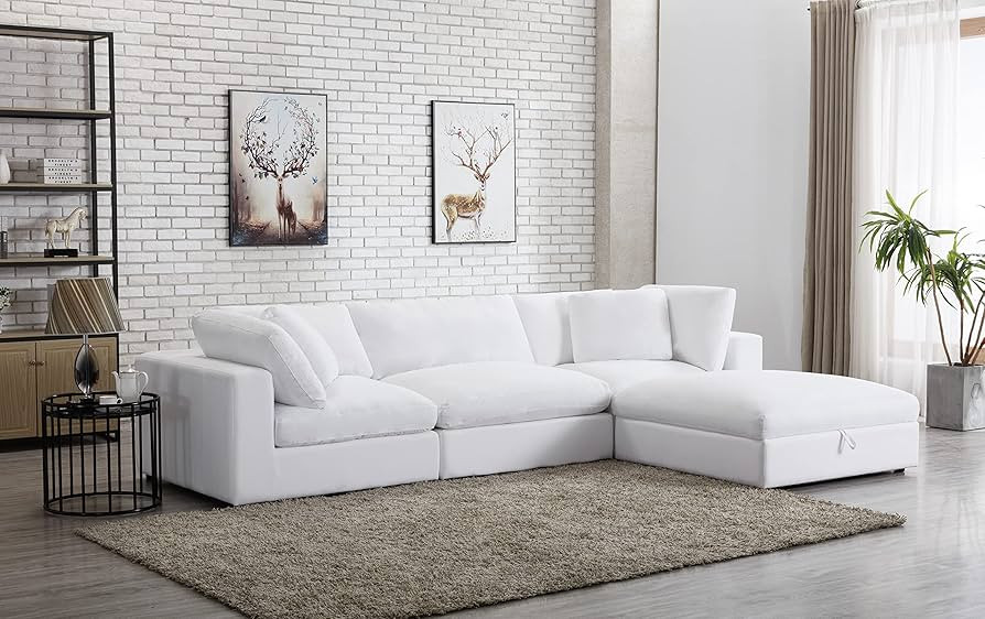 Roundhill Furniture Rivas Contemporary Feather Fill 4-Piece Modular Sectional Sofa, White | Amazon (US)