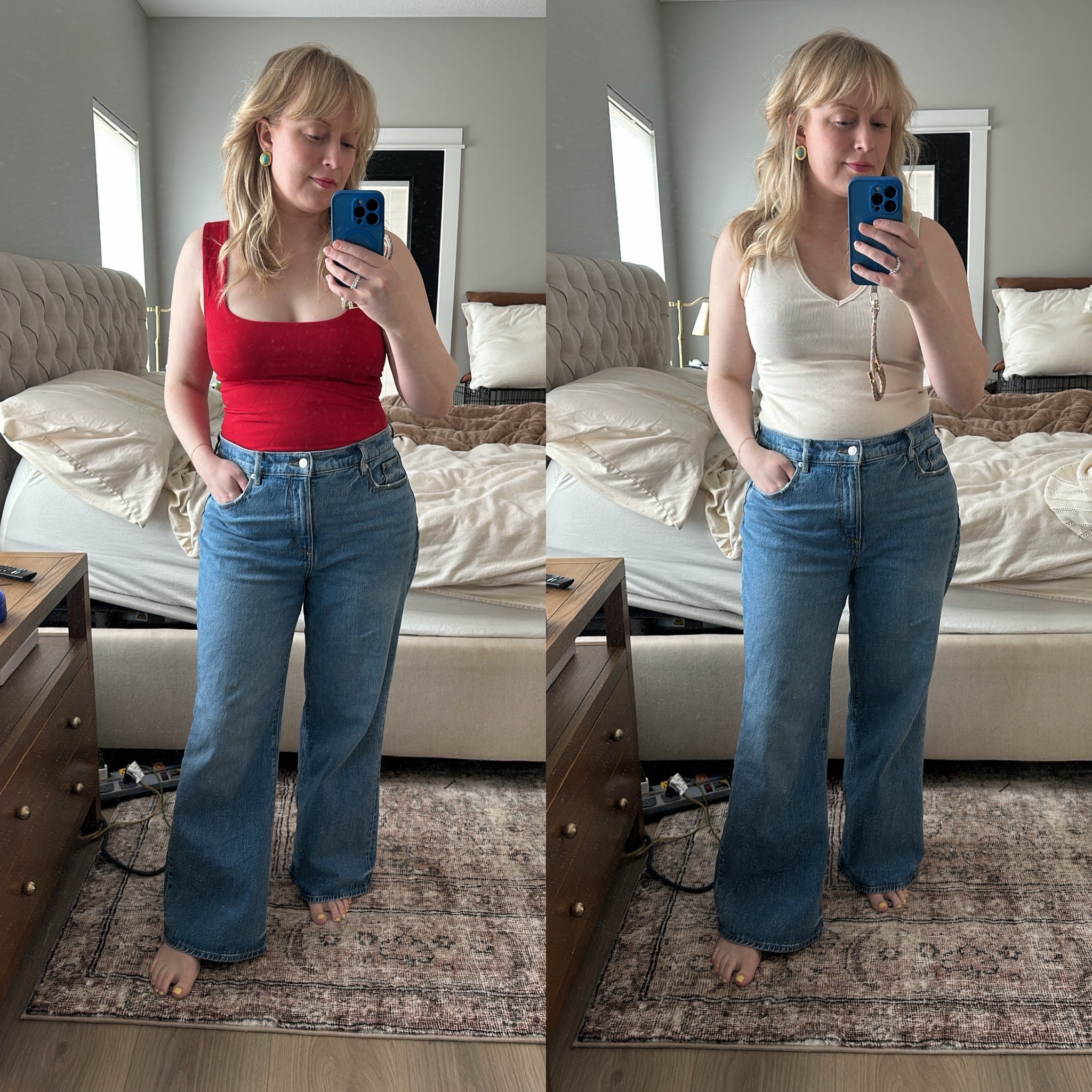 Bodysuits perfect for warmer temperatures or layer. The red has a built-in shelf. The cream is a rib texture. Wearing a size medium.