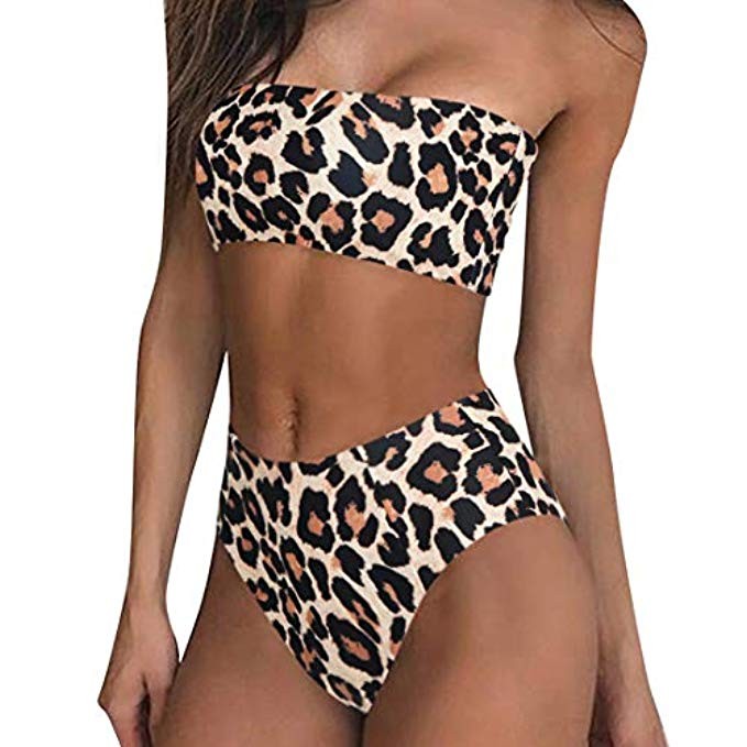 RUUHEE Women High Cut Bandeau Tropical Leaf Printed Strapless Swimsuits Bikini Set | Amazon (US)
