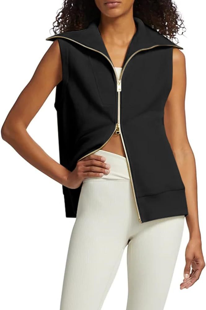 Viottiset Women's Ribbed Full Zip Lapel Collar Sleeveless Sweatshirt Sweater Vest Fall Casual Top | Amazon (US)