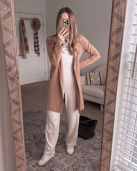 Lounge pants dressed up as work wear. perfect for relaxing after Valentine’s Day or travel wear  Pants - TTS.  Coatigan- size down

#LTKSeasonal #LTKstyletip #LTKFind