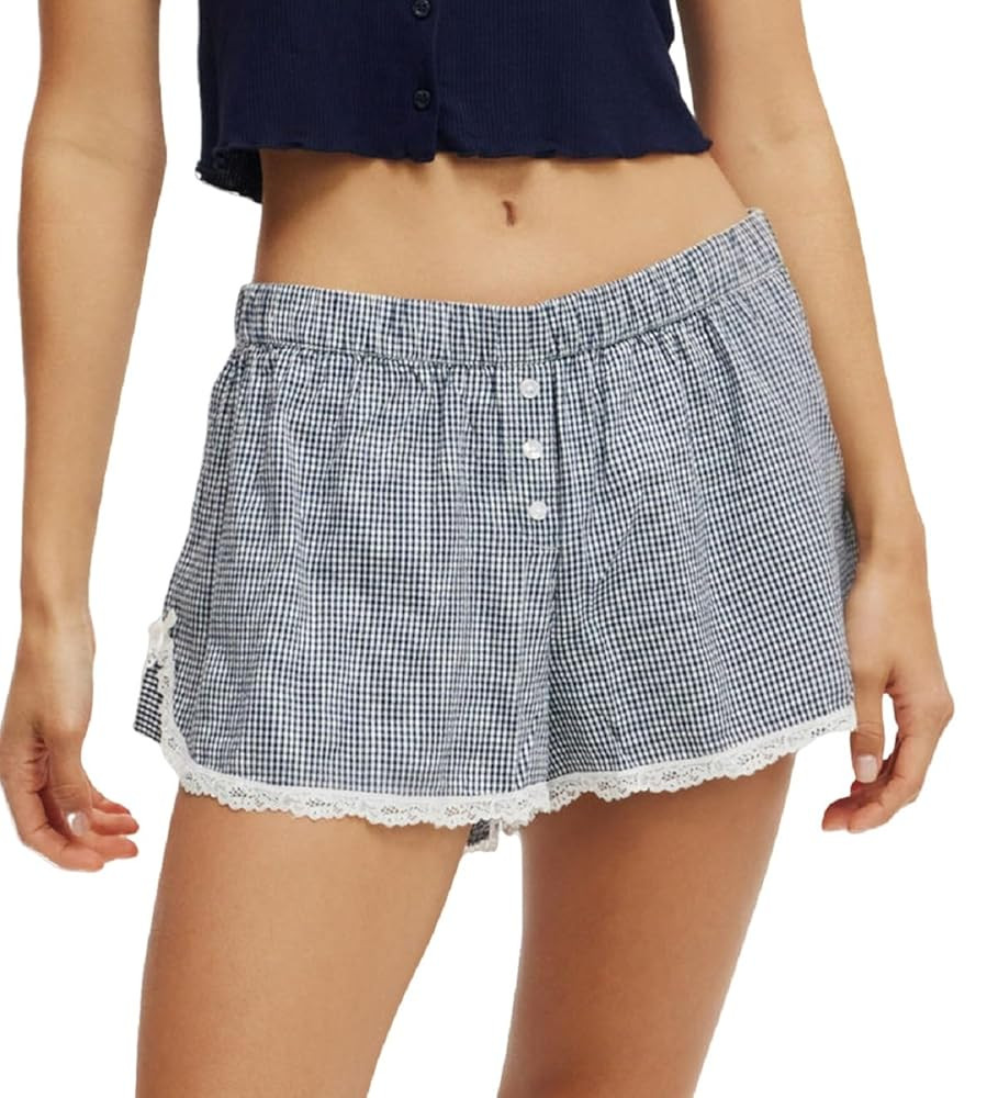 Y2K Checkered Boxer Shorts for Women Teens Girls Lace Gingham Pajama Shorts Low Rise Side Slit Pj... | Amazon (US)