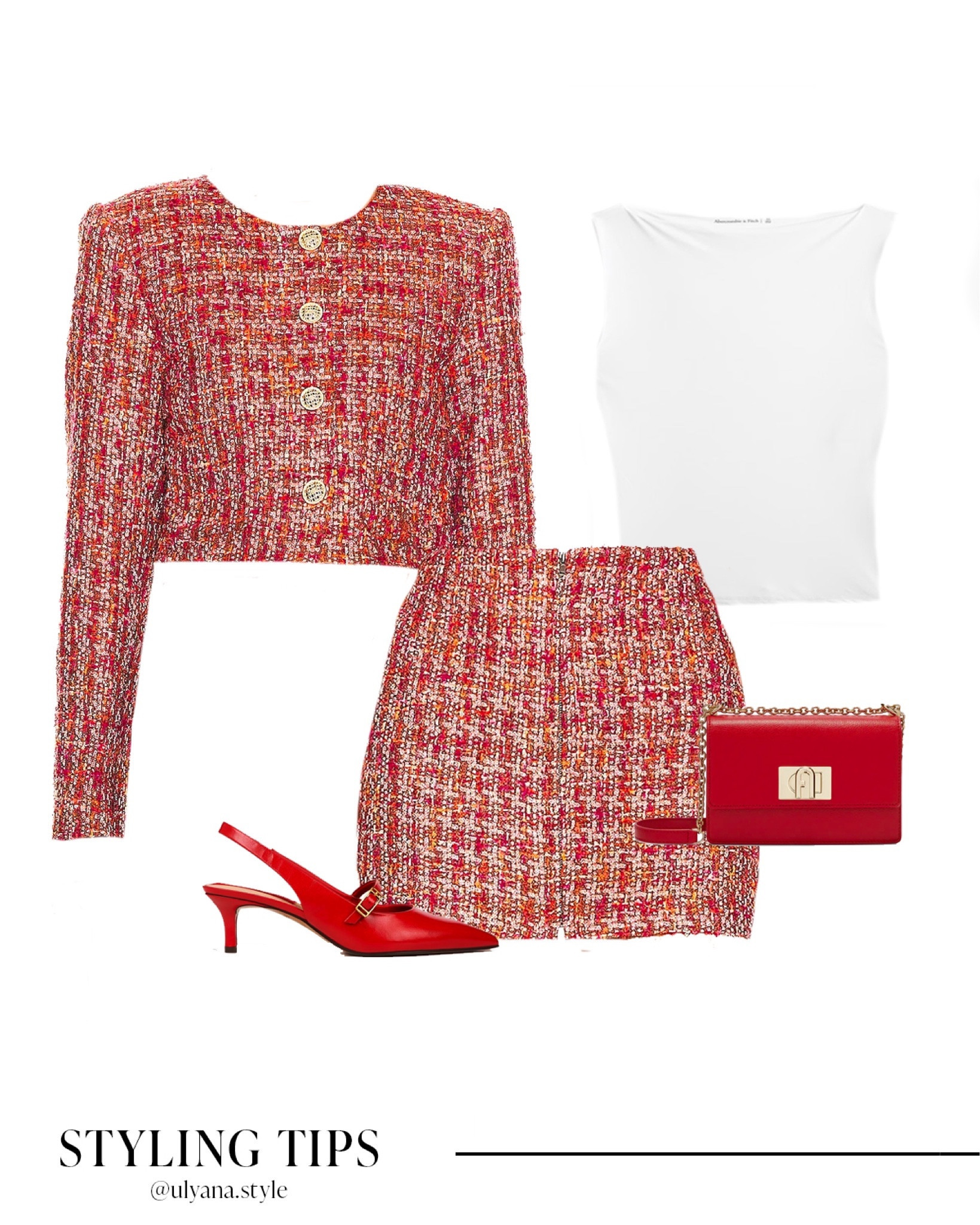 A tweed blazer and mini skirt set paired with a white top, red slingback heels, and a handbag makes a classy winter outfit idea. 
.
.
.
.
.
.
.
Winter outfits | blazer and skirt outfit | cropped blazer | red blazer outfit | tweed blazer | womens blazer | work blazer | skirt outfits | skirt set | old money style womens | mini skirt outfit | winter skirt outfit | red skirt outfit | red mini skirt | tweed skirt | workwear | work outfit | classy outfit | winter heels | slingback pumps | red heels | closed toe heels | winter shoes | winter fashion | winter jacket | designer bags | red handbag | outfit inspo | outfit ideas | dressy tops | winter tops | 

#LTKGiftGuide #LTKSeasonal #LTKFind #LTKunder50 #LTKunder100 #LTKHoliday #LTKU #LTKsalealert #LTKfindsunder50 #LTKfindsunder100 #LTKstyletip #LTKworkwear #LTKtravel #LTKshoecrush #LTKitbag 