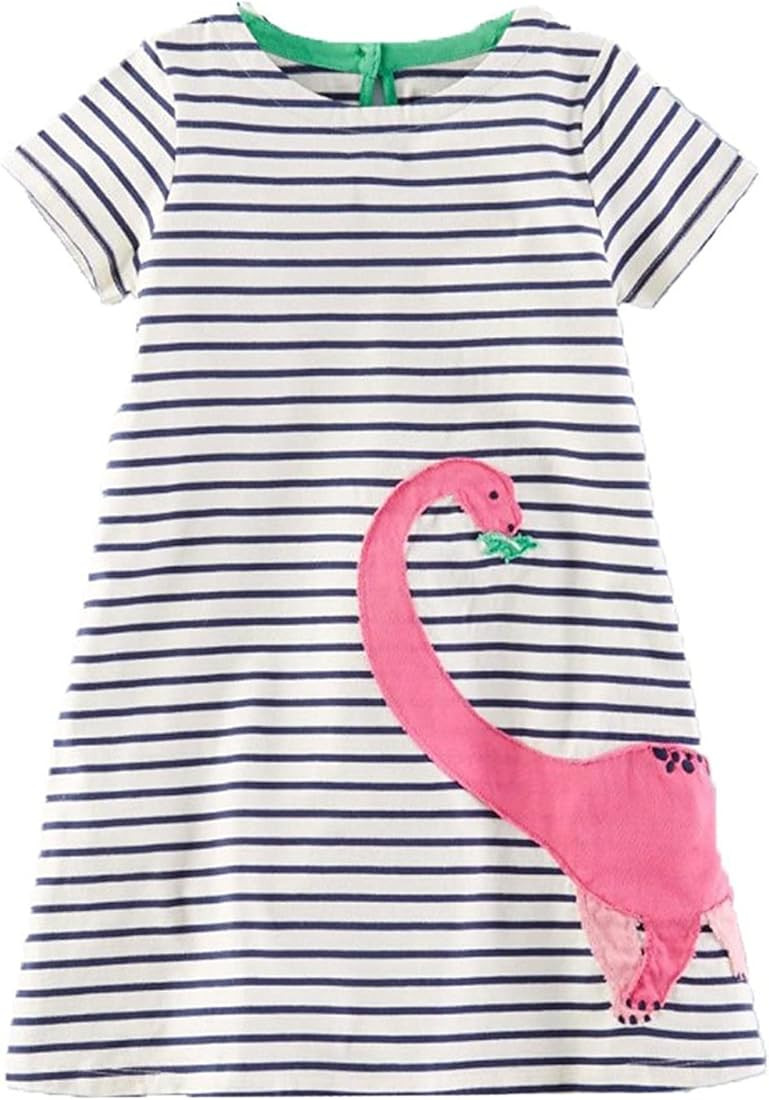 Youlebao Girls Cotton Long Sleeve Casual Cartoon Appliques Striped Jersey Dresses | Amazon (US)