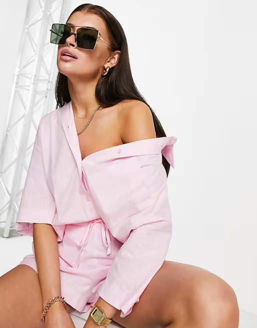ASOS DESIGN short sleeve shirt set in pink | ASOS (Global)