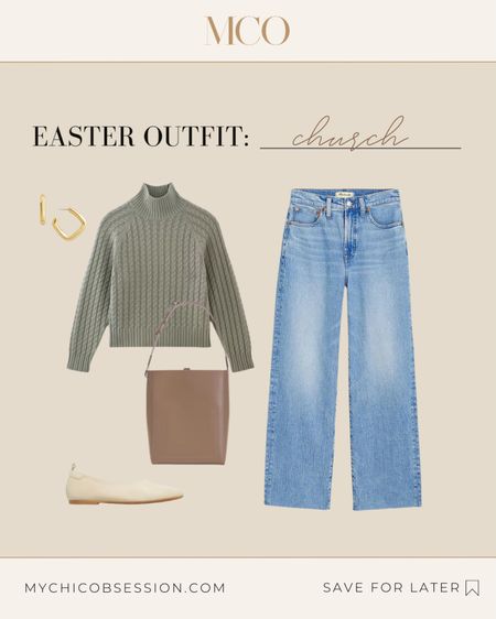 If you prefer a slightly more casual look for Easter services, this sage green Everlane turtleneck is a great choice. Add a pair of wide leg jeans, a leather bucket tote, classic ballet flats, and square gold earrings to finish the look.

#LTKSeasonal #LTKstyletip