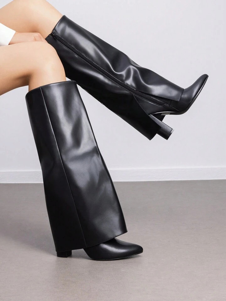 Women's Fold Over Knee High Boots Chunky High Heels Zipper Pointed Toe Party Fashion Solid Color ... | SHEIN