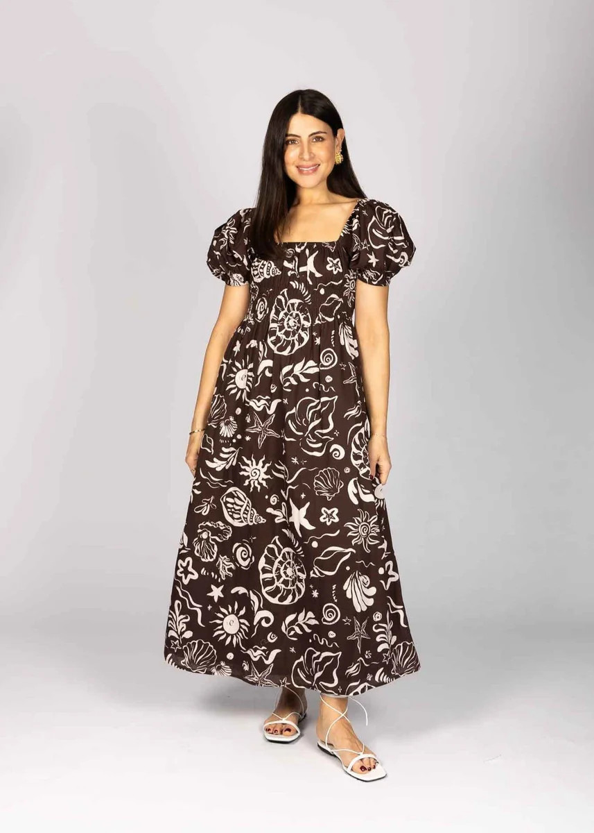 PUFF SLEEVE SHELL PRINT MIDI DRESS - BROWN | WAT The Brand
