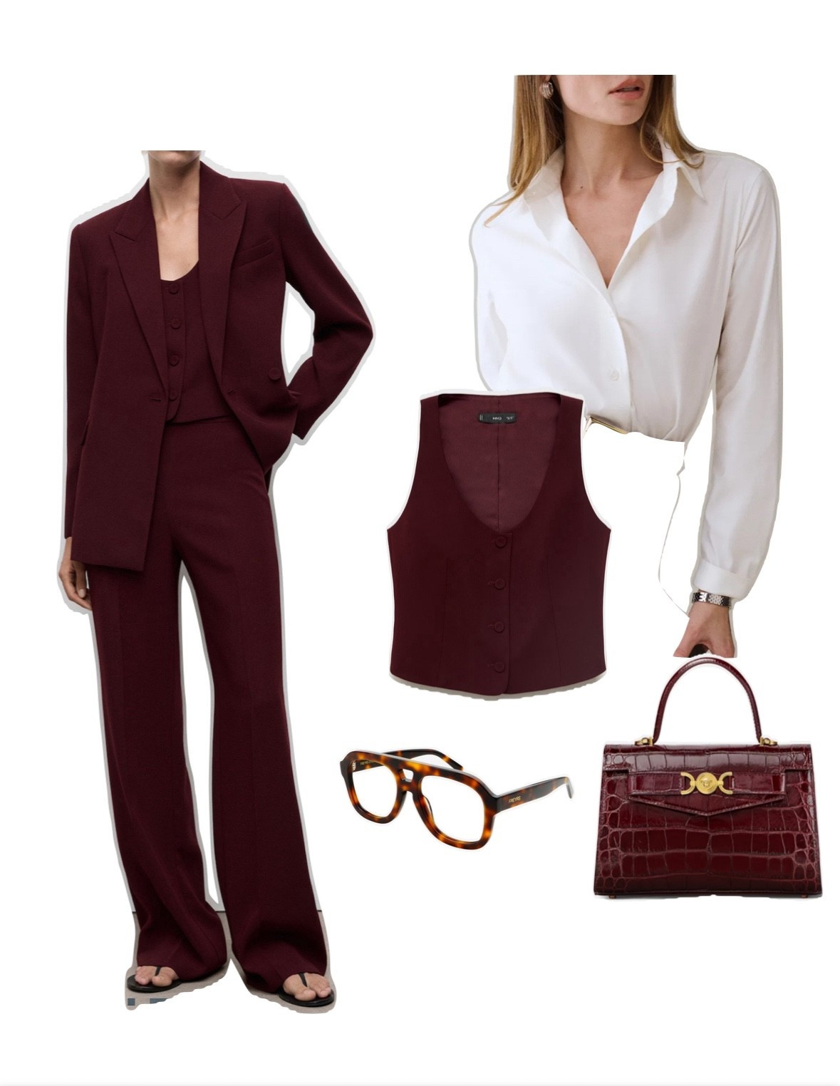 Think of this burgundy suit as three new outfits in one: blazer + slip dress, vest + denim, or the full 3-piece moment when you’re ready to own the room. 🍷♥️